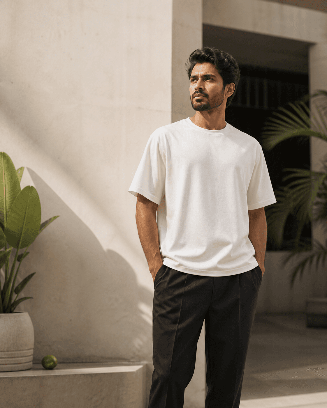 Bangladeshi model wearing a relaxed premium off-white T-shirt
